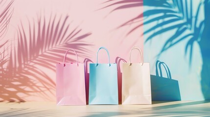 A vibrant display of pastel shopping bags against a colorful backdrop. The image captures a trendy, modern shopping experience with playful shadows.