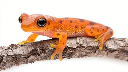 Fototapeta premium Orange frog on branch, white background, nature, wildlife