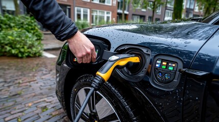 Close up detail oriented view of an electric vehicle EV charging port showcasing the technology and infrastructure for sustainable transportation in a modern eco friendly urban setting