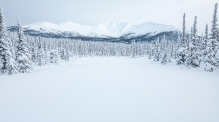 Snowy forest valley with mountains