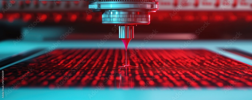 Poster close up of machine with red light showing super slow motion ink ejection from printer nozzle