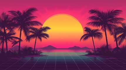 Naklejka premium A vibrant sunset scene featuring palm trees silhouetted against a colorful gradient sky, creating a perfect tropical atmosphere for relaxation.