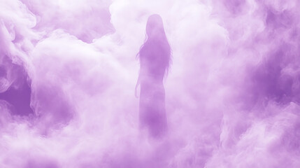 Ethereal Woman Silhouette in a Dreamy Cloudscape of Lavender Hues Serene and Abstract Art.