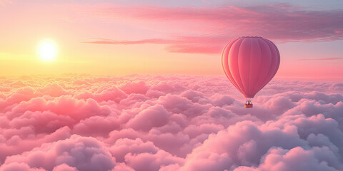 Obraz premium Soaring hot air balloon adventure over cotton candy clouds at sunrise dreamy travel scene