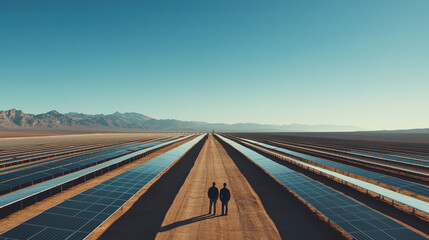 Expansive solar panel array in vast desert landscape with two people walking along central dirt path under clear blue sky