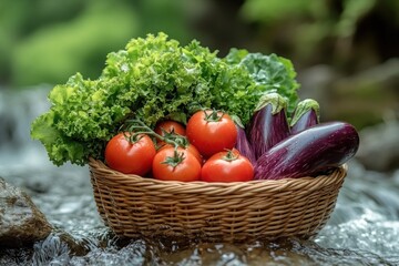 Fototapeta premium Farmers Woman Holding Fresh Vegetables Near the Stream