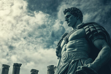 Dramatic view of ancient roman statue under cloudy sky with marble columns depicting historical warrior in armor