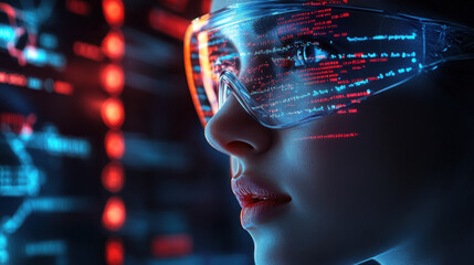 Futuristic young woman analyzing digital data through augmented reality glasses in a high-tech cyber environment