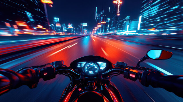 Vibrant night cityscape seen from fast-paced motorcycle ride capturing the energy of urban life with neon lights and motion blur
