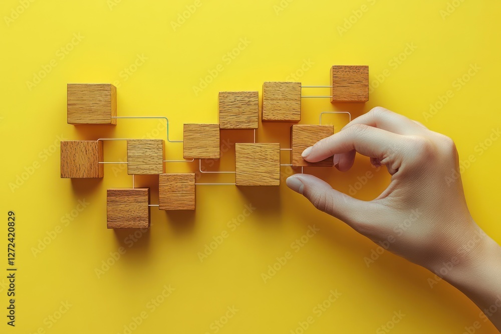 Poster Workflow Automation and Process Management with Flowchart and Wooden Blocks on Yellow Background