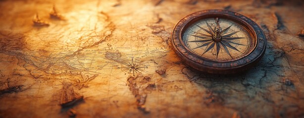 Vintage Nautical Map with Compass, Sea Voyages, Pirates, Sailors, Travels and Discoveries in 17th Century Style