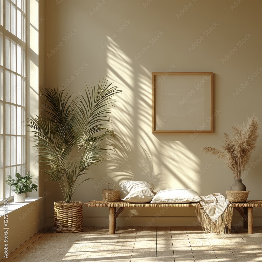 Poster empty wall and floor with sunlight and plant shadows for product presentation