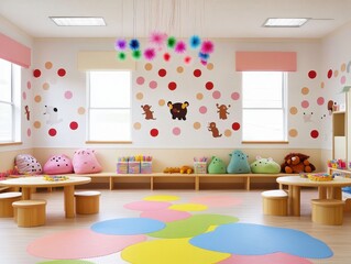 Playroom with colorful floor circles and animal stickers at the wall in empty kindergarten for children