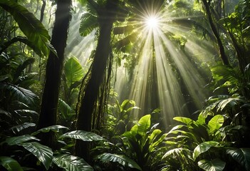 Sunlight Streaming Through the Canopy of a Lush Tropical Rainforest