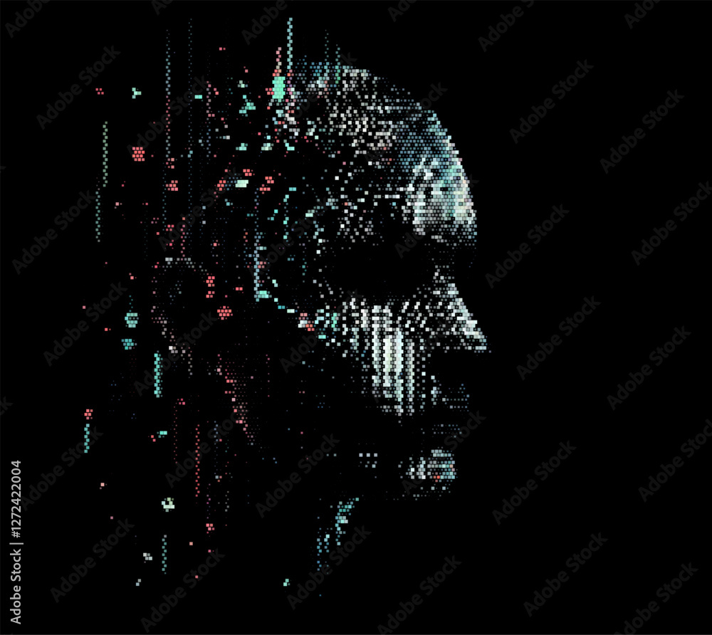 Fototapete pixelated face emerges from a dark background in this vector illustration. the glitch effect conveys