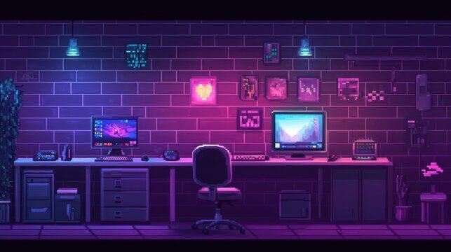 Pixel Art Neon Lit Gaming Room Setup