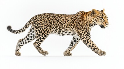Leopard walking, white background, wildlife photography, nature stock