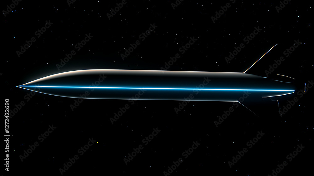 Poster futuristic rocket ship flying through space with stars background 3d rendering.