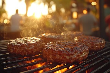 Summer Barbecue Party with Friends at Sunset Grilling Burgers in Backyard