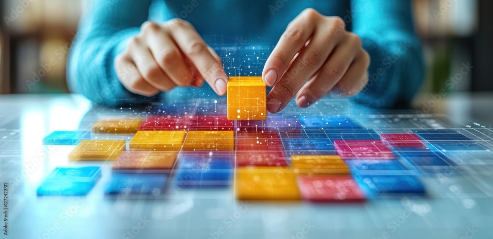 Poster Flowchart for Business Process Optimization and Workflow Automation with Hand Placing Wooden Block on White Background
