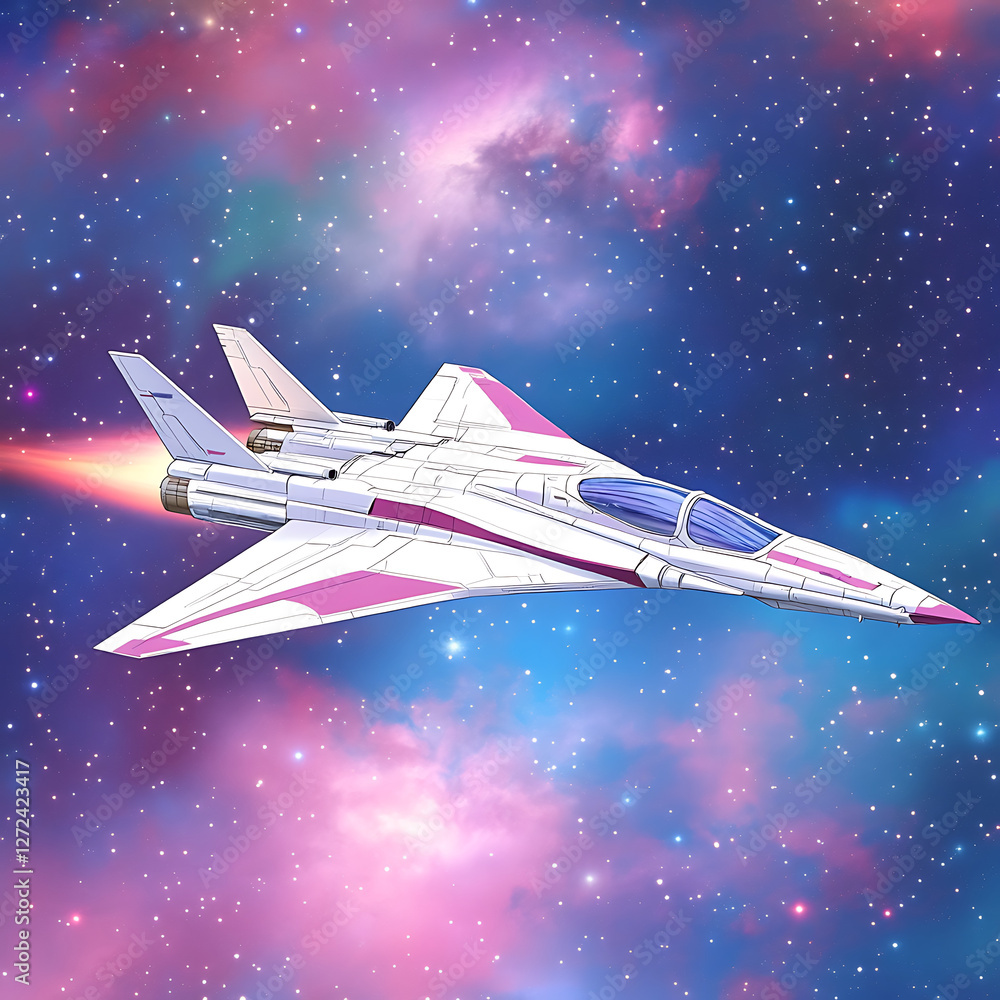 Poster futuristic spaceship soaring through the cosmos in an interstellar journey of galactic exploration.