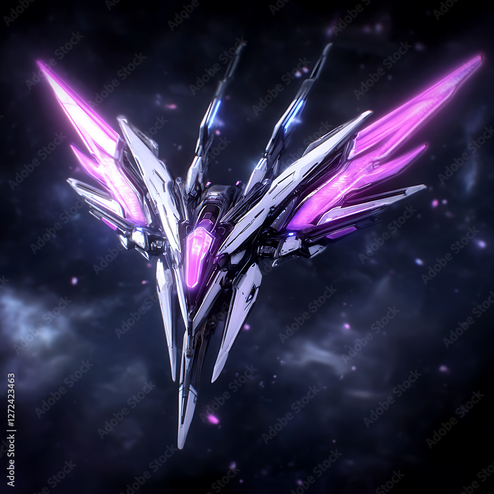 Aufkleber futuristic spaceship with vibrant violet energy displaying advanced technology in nebulous space.