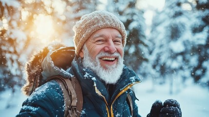 Fototapeta premium Happy senior man enjoying winter snowy landscape