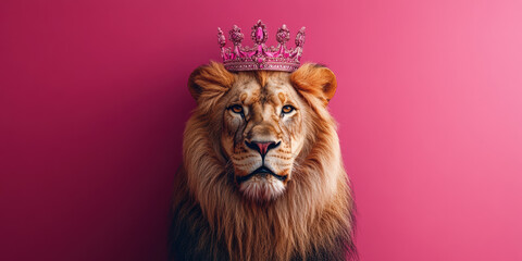 Majestic lion portrait with crown studio animal photography pink background close-up royalty concept