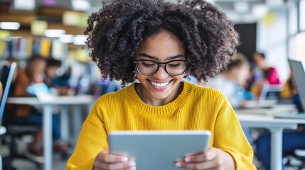 Happy young woman using tablet in library setting