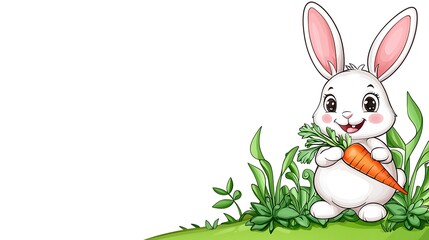 Obraz premium Cute Cartoon Bunny with Carrot Surrounded by Green Vegetation