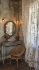 Obraz premium Rustic Weathered Vanity with Pink Flowers and Wicker Chair