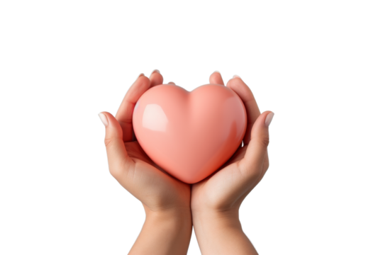 Pair of Hands Gently Holding a Shiny Pink Heart Symbolizing Love, Care, and Compassion