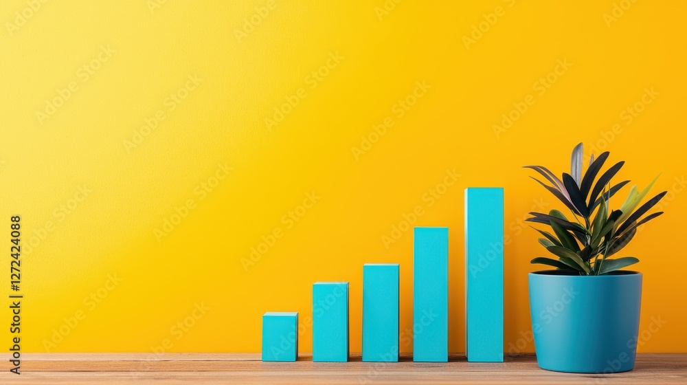 Poster plant in a pot beside a bar chart and data trends with copy space for text in a business setting