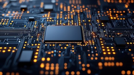 Fototapeta na wymiar Close up of a circuit board featuring a cpu with data interpretation and copy space for design purposes