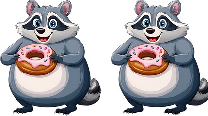 Naklejka premium Cute Cartoon Raccoon Holding a Donut with Pink Icing and Sprinkles