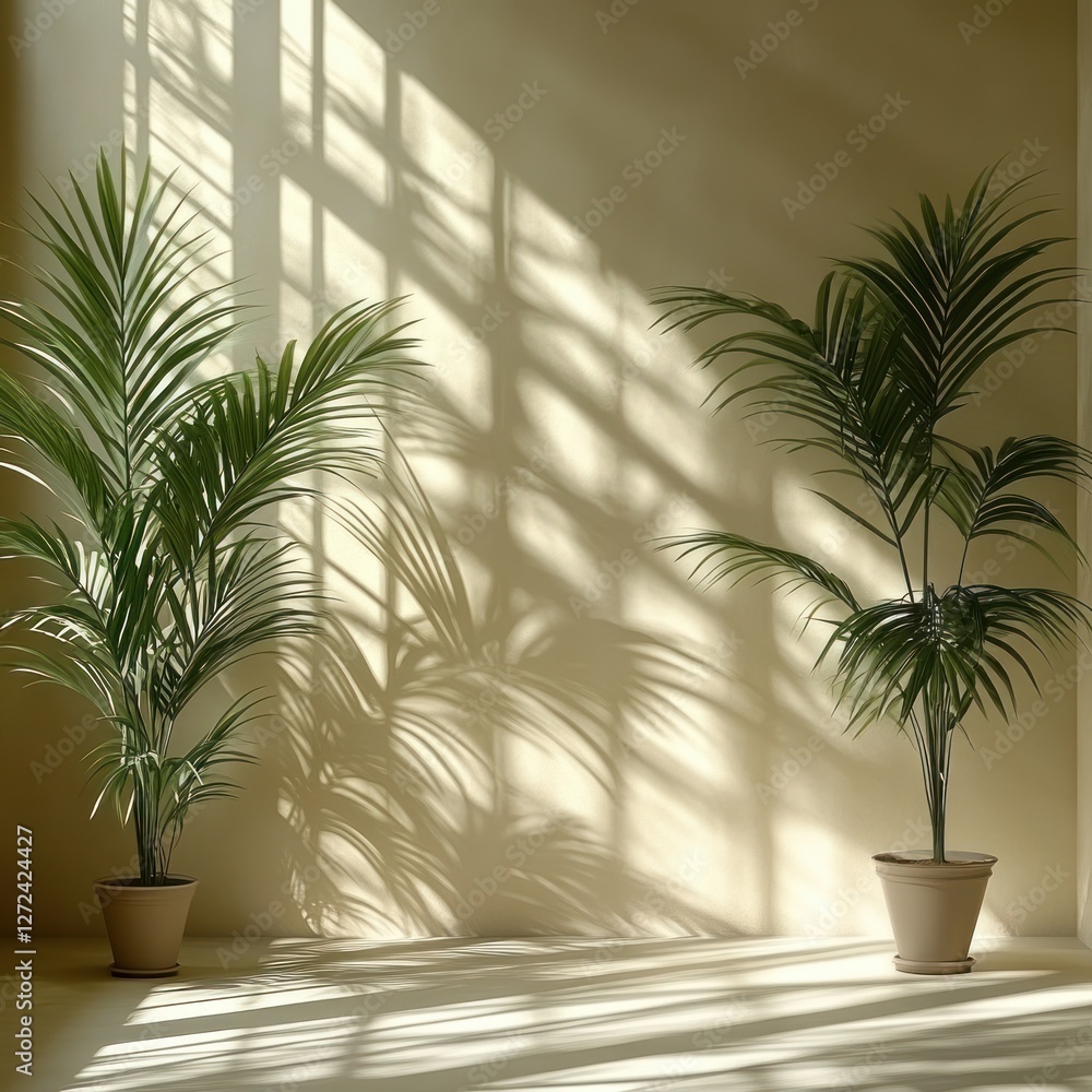 Poster Empty floor and wall illuminated by sunlight and plant shadows minimalist design background for product display