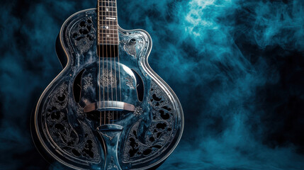 A vintage resonator guitar with intricate metal detailing, standing against a muted blue background