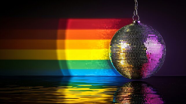 Disco ball reflects rainbow pride, dark background