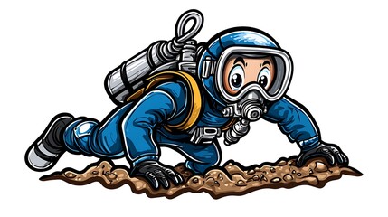 Fototapeta premium Cartoon Diver in Blue Suit Crawling on Ground with Equipment