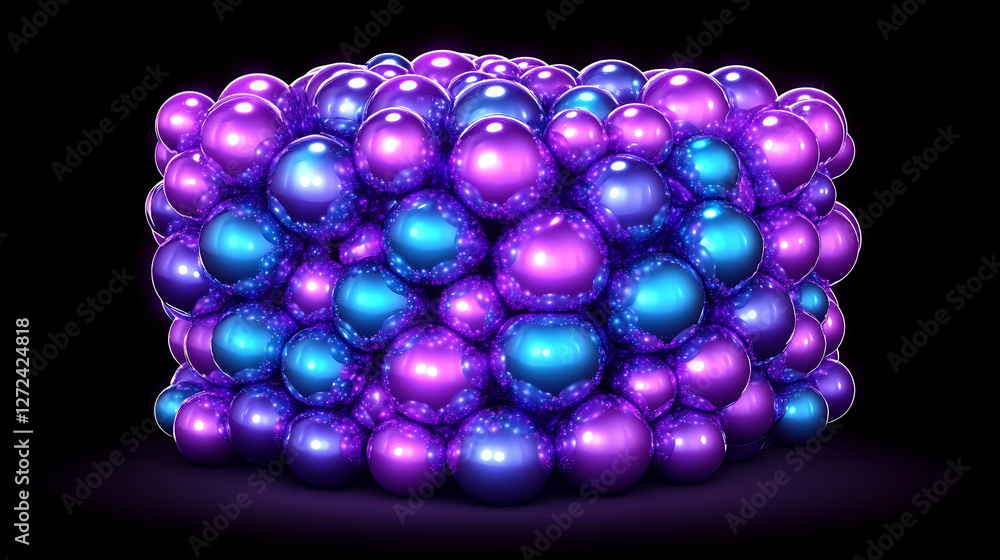 Poster gleaming cluster of orbs in indigo and violet hues arranged in a cube shape with subtle lighting eff