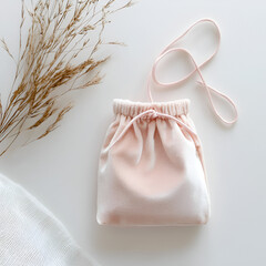 A soft, pink drawstring pouch rests against a neutral backdrop, accented by dried grasses and sheer fabric.