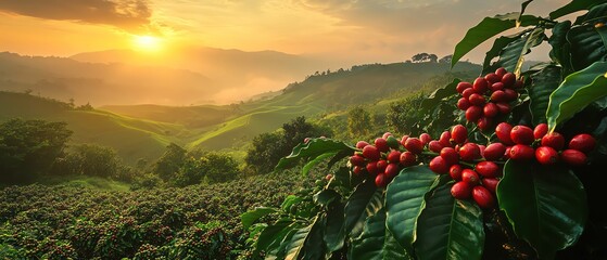 Coffee plantation at sunrise, lush green, red coffee berries, misty hills