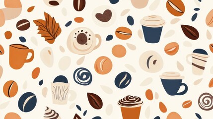Fototapeta premium Seamless pattern of coffee cups, beans, and pastries in autumnal colors. Perfect for fall-themed designs, coffee shops, or cozy autumn backgrounds.