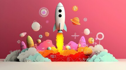 Obraz premium Rocket launching amid planets; aspiration theme for startup success, education or innovation