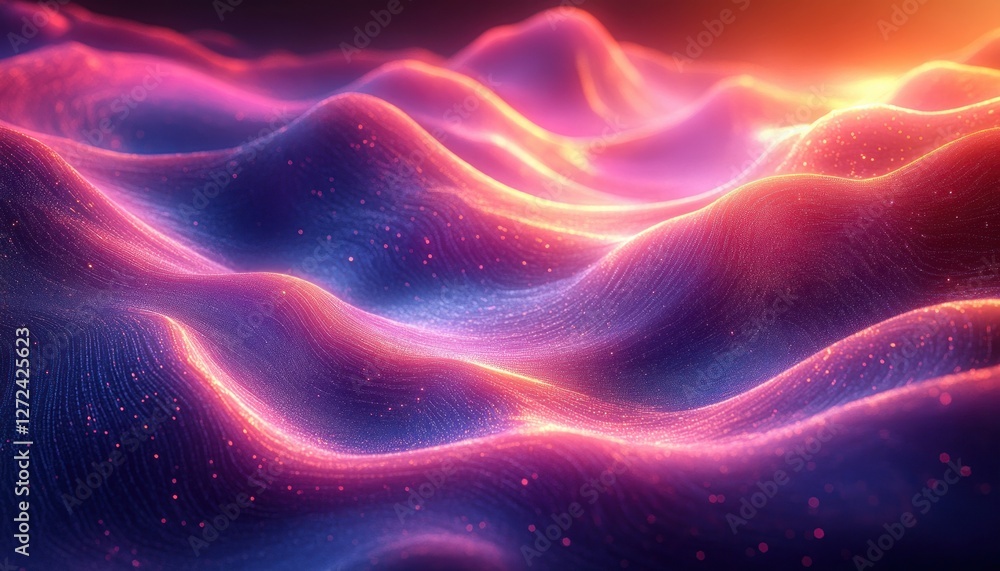 Aufkleber futuristic abstract digital landscape technology background with neon blue purple waves and grid pat