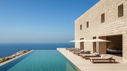 Fototapeta premium Luxurious hotel terrace, sun beds facing turquoise pool, minimalist architectural design. No people no text