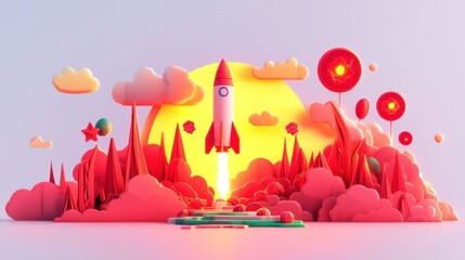 Rocket launching into space, amidst clouds and sunset. Use for inspiration, education, or design projects