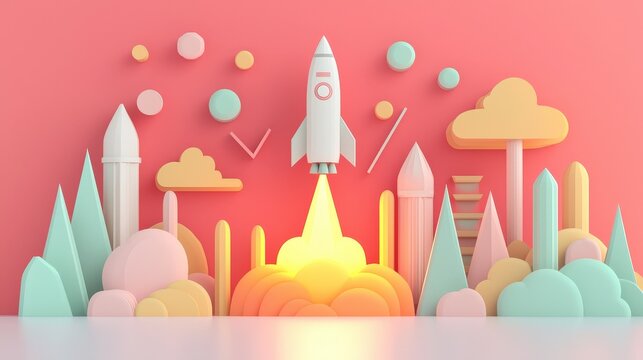 Rocket launching on stage. Startup or business growth themed product visualization