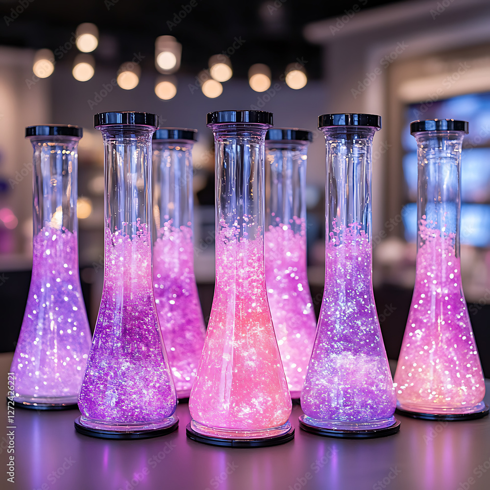 Poster gradient hues encapsulated sparkle vases collection glimmering display modern art still life composi