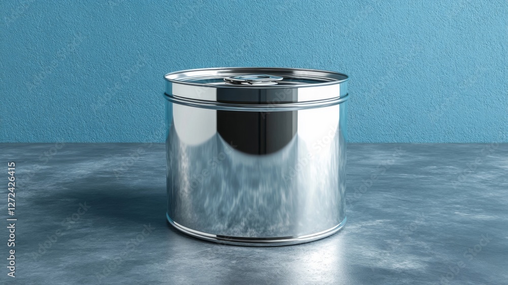 Poster chrome container in a grey environment with light blue textured background
